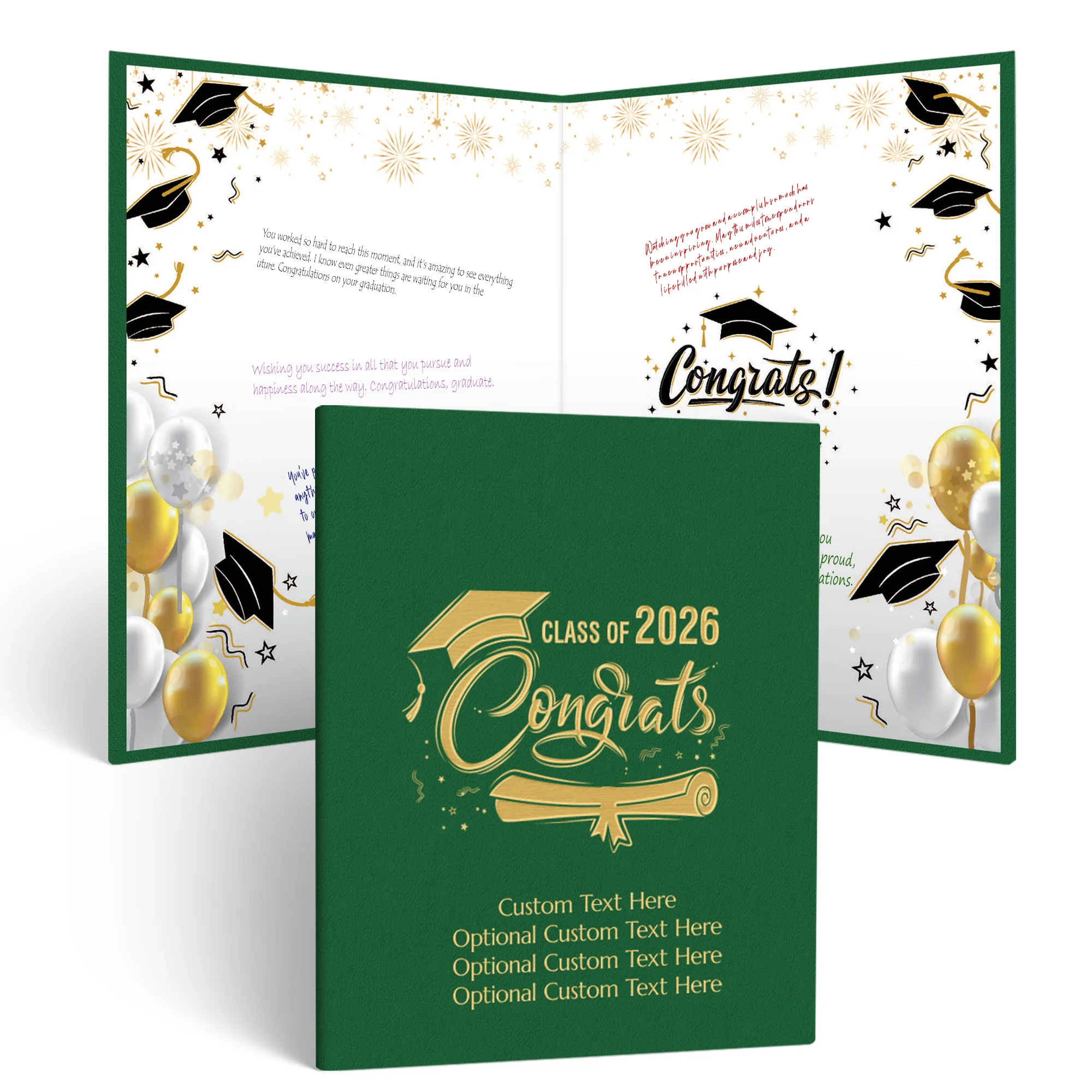Green PERSONALIZED ALTERNATIVE Graduation Guestbook with gold “Class of 2026 Congrats” design on the cover, displayed open with graduation caps, stars, and balloons inside for guests to write messages and signatures.